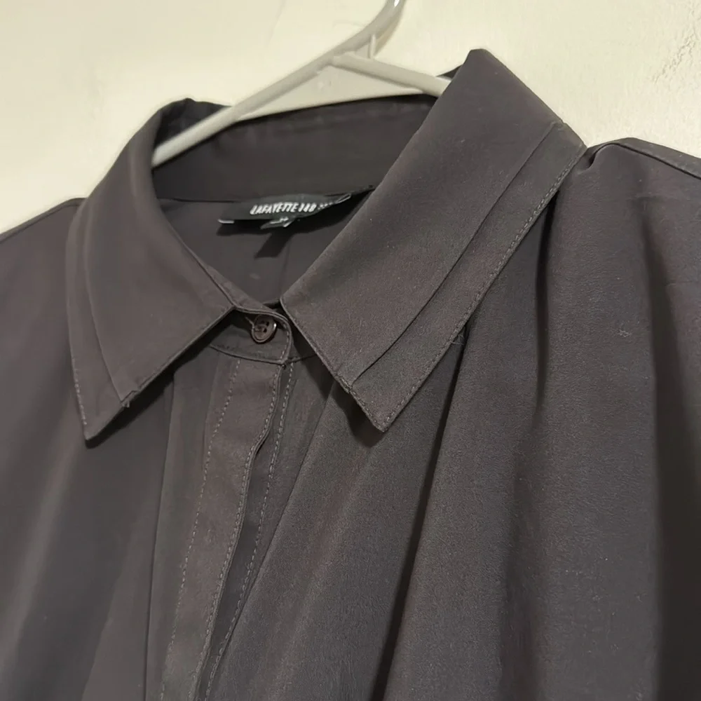 Lafayette 148 New York black ruched gathered waist 3/4 sleeve button down blouse - Picture 4 of 6